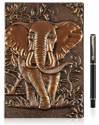 OFFCUP Hardcover Notizbuch A5, 3D Elefant Vintage Notizbuch,Geprägtes Ledertagebuch Vintage Tagebuch Stift, Geprägt Reise Tagebuch Handgefertigtes Buch als Geschenk