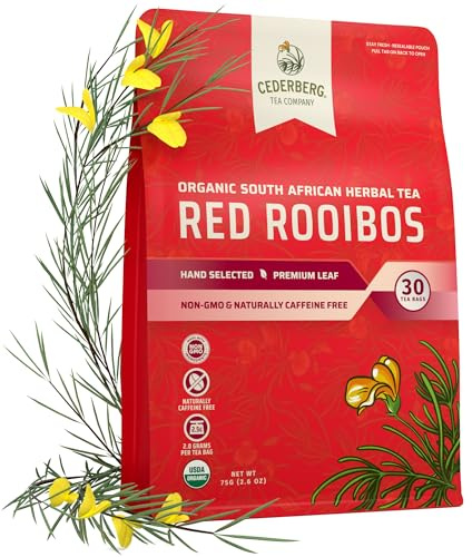 Cederberg Tea Company Red Rooibos Tea Bags USDA Certified South African Organic Herbal Tea, Naturally Caffeine Free Tea, Non-GMO, Premium Leaf, Rich in Antioxidants, 30 Count