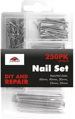 Heavy Duty Nail Assortment Set – 250 Pieces - 60mm, 40mm, 30mm, 25mm & 20mm | Multipurpose Nails for Woodworking, DIY, Picture Hanging, and Repairs | Organised Storage Box Included