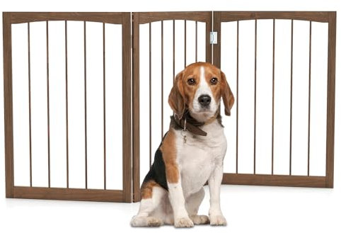 GYMAX Wooden Pet Gate, Foldable 3 Panels Stair Gate, Solid Wood Frame, 76cm High Freestanding Safety Doorway Dog Barrier (Brown, 76 cm Tall)