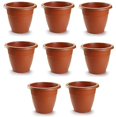 pcmoviles – Pack de 8 Macetas Redondas de 20 cm Color Terracota | Macetas de Plástico Resistentes para Interior y Exterior | Diseño Clásico y Ligero