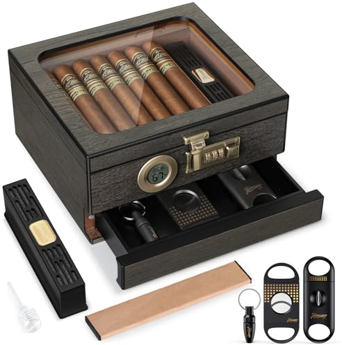 Tesonway Humidificador de cigarros, caja de cigarros de madera de cedro, humidificador de escritorio con parte superior de cristal con termohigrómetro digital, humidificador, divisor, cajón de