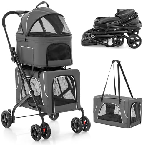 COSTWAY 3 in 1 Hundewagen, Hundebuggy 2 Etagen mit Netzfenstern & Taschen & Polstern, Oxford & Metall, Haustiere Buggy bis 16 kg, Hundebox Transporttasche klappbar, für Hunde Katzen Haustiere, Grau