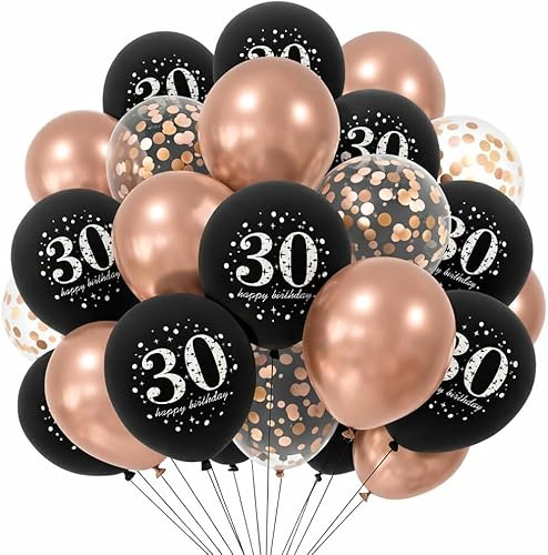 30th Birthday Balloons Rose Gold Black - Elegant Milestone Birthday Decorations Kit with 35pcs Latex Balloons & Ribbon for Women Adults Party Supplies