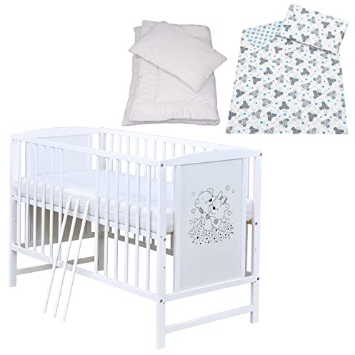 Generisch Baby-Delux Babybett 60x120 cm Mia Kinderbett Komplett Set weiß Matratze Bettwäsche (Maus)