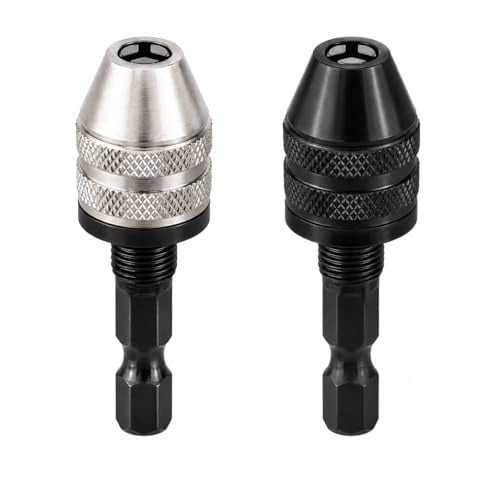 2 Pack Keyless Drill Chuck Adapters with 1/4 Inch Hex Shank, Quick Change Chuck Convertors for Screwdrivers, Drills and Impact Drivers, Black and Silver