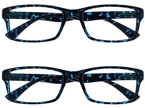 OPULIZE PEP Classic Reading Glasses for Women Men, Scratch Resistant Rectangular Frame with Spring Hinges, Blue +0.0 (Pack of 2)