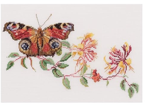 Thea Gouverneur - Counted Cross Stitch Kit - Butterfly-Honeysuckle - Aida - 18 Count - Embroidery Kit for Adults - DMC Embroidery Threads and Other Cross Stitch Supplies Included - 439A