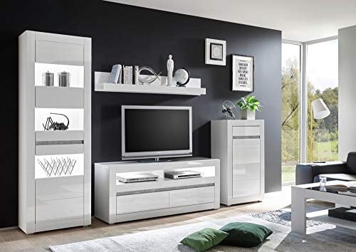 Newfurn Wohnwand Anbauwand Modern Wohnzimmerschrank Wohnlandschaft Mediawand Fernsehschrank II 282x198x 35-42 cm (BxHxT) II [Finn.Five Concept] in Weiß/Weiß Hochglanz Wohnzimmer