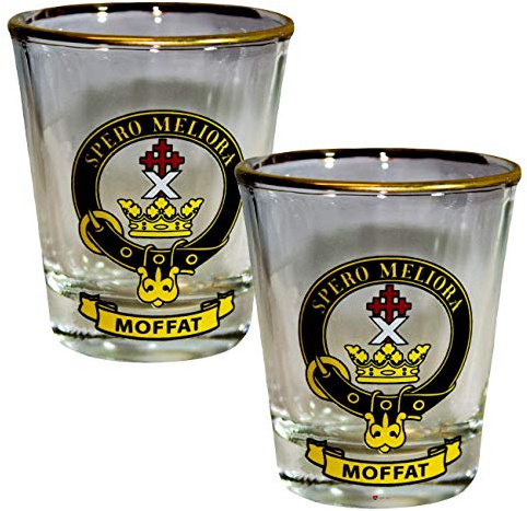I LUV LTD Shot Glass Wee Dram Moffat Clan Crest Set of 2 Whisky Tots