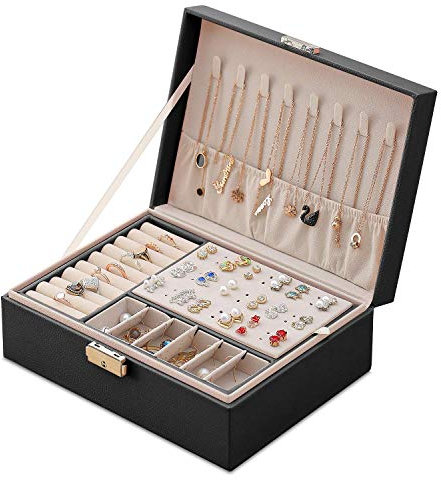 EKKONG Schmuckkästchen Damen Schmuckkästchen Reise PU-Leder Schmuckkoffer Klein Schmuckbox, Schmuckkästchen Mädchen, Schmuck Aufbewahrungsbox für Ringe, Ohrringe, Armbänder und Halsketten (Black)