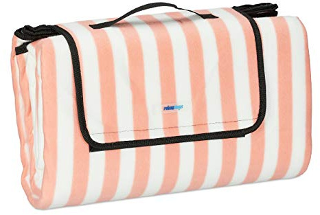 Relaxdays XXL Picknickdecke, 200x200 cm, Fleece Stranddecke, gestreift, wärmeisoliert, wasserdicht, mit Tragegriff, bunt