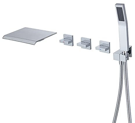 Qinkell Robinet de baignoire cascade mural avec douchette à main en laiton chromé et bec haut débit