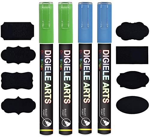 DIGIELE Pennarelli Gesso Liquido Blu + Verde, 2pcs Blu Pennarello 3mm + 2pcs Verde 3mm Pennarello Gesso e 16 Etichette Lavagna, Asciutto o Bagnato Cancellabili, Reversibile Punta Scalpello o Tonda