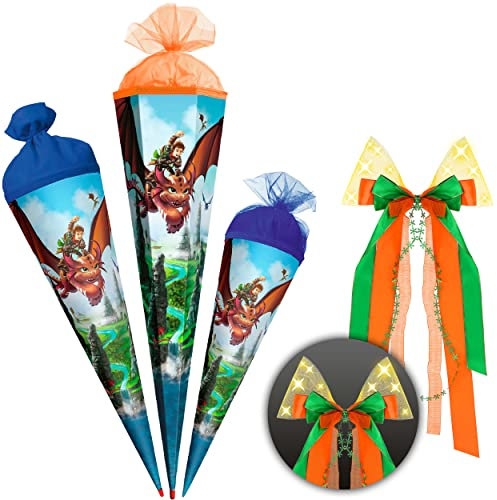 alles-meine.de GmbH Schultüte - Drache/Drachenjagd 35-85 cm Größe wählbar mit Holzspitze inkl. Name + Verschluß-Schleife - Zuckertüte - Tüllabschluß/Filzabschluß - ..