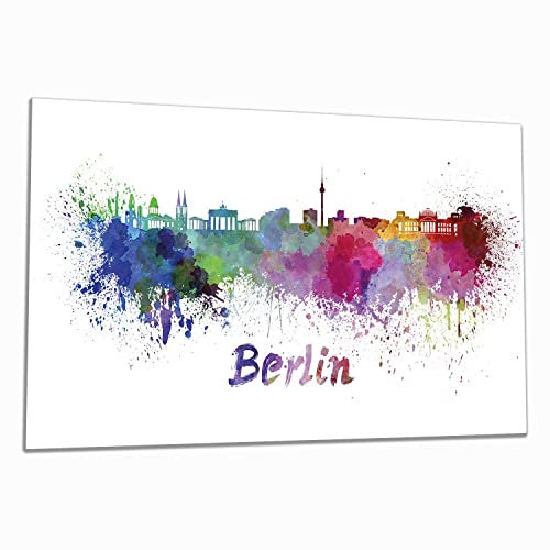 Wallario Herdabdeckplatte/Spritzschutz aus Glas, 1-teilig, 90x52cm mit 13mm hohen Füßen, für Ceran- und Induktionsherde, Städte als Aquarell - Skyline von Berlin