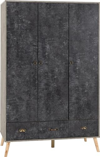 Seconique Nordic 3 Door 3 Drawer Wardrobe in Grey/Charcoal Concrete Effect