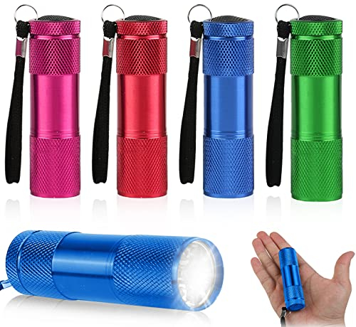 Sylanda - Linterna de bolsillo para niños, 4 unidades, aluminio, pequeña, con cordón para exteriores, camping, senderismo, senderismo, pesca, emergencias urgentes