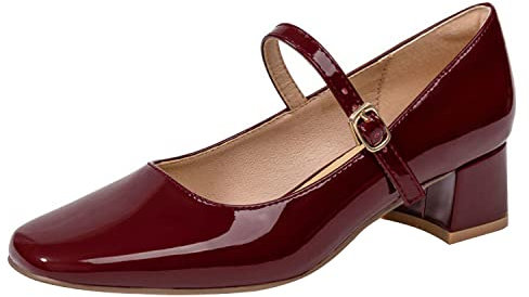 Mary Jane Donna Scarpe con Tacco Basso in Pelle Scarpe Mary Jane Donna Verniciata Scarpe da Ragazza con Fibbia Bassa Punta Quadrata Ballerine Bambina (Rosso, Numeric_40)