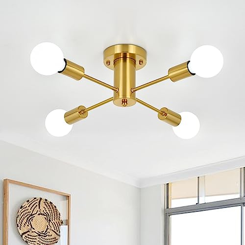 ASHUAQI Deckenlampe Vintage Deckenleuchte Gold Bronze, 4 Flammige Modern Wohnzimmerlampe Industrial Plattierung Metall, E27 Fassung Sputnik Kronleuchter Lampe für Küche Flur Schlafzimmer Esszimmer