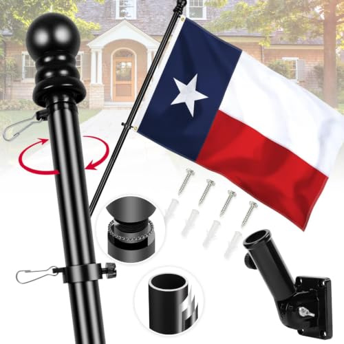 Texas-Flagge mit Stangen für den Außenbereich, 1.8 m langes Aluminium, kein Verheddern, drehbarer Fahnenmast, 180° Multi-Positionen-Halterung, 90x152 cm, Nylon, TX-Flagge, rostfrei, Set (schwarz)