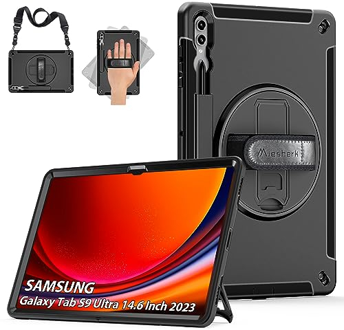 Funda para Samsung Galaxy Tab S9 Ultra 2023: Miesherk Militar Antichoque a 3 Capas Cover Case Samsung Tab S9 Ultra/S8 Ultra 14.6 Pulgadas-Portalápices-Soporte Giratorio-Correa de Mano/Hombro-Negro