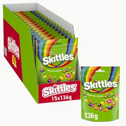 Skittles Crazy Sours, saure vegane Kaubonbons, 15er Pack, 15 x 136 g | Saure, fruchtige Kaubonbons in bunten Farben, vegan, Naschspaß für Partytüten, Snackschalen und zum Teilen