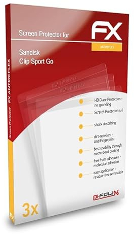 atFoliX Panzerfolie passend für Sandisk Clip Sport Go, Schutzfolie entspiegelnde und stoßdämpfende FX Folie (3X)