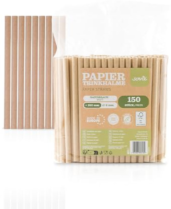 Mank Umweltfreundliche Papiertrinkhalme, Pappstrohhalme für Partys & Hochzeiten, in recycelbarem Folienbeutel, Strohhalme | (150, Naturbraun, Ø 8 mm / 15 cm)
