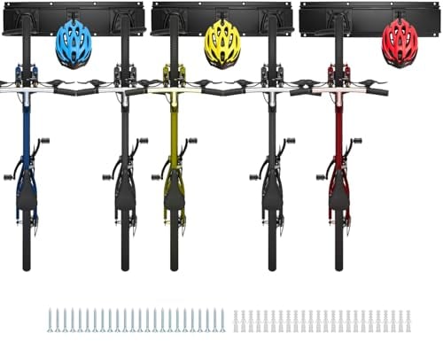 QWORK® Porte velo mural pour 5 vélos et 3 casques - Accroche velo mural pour différents types de vélos, Longueur totale du rail 120 cm, Supporte jusqu'à 225 kg