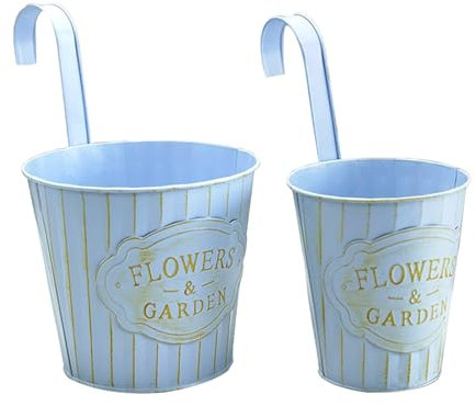 Vaso da Fiori Sospeso in Metallo da 2 Pezzi, Fioriera in Secchio di Ferro con Gancio Staccabile per Recinzione Balcone Ringhiera, Portafiori Sospeso per Decorazione del Giardino Domestico(blu)