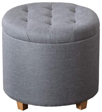 A406 Round Ottoman Linen Storage Box with Lids Pouffe Seat Stool Footstool Storage Unit Bench Foot Rest Stool Grey Black Navy (Round-Grey)