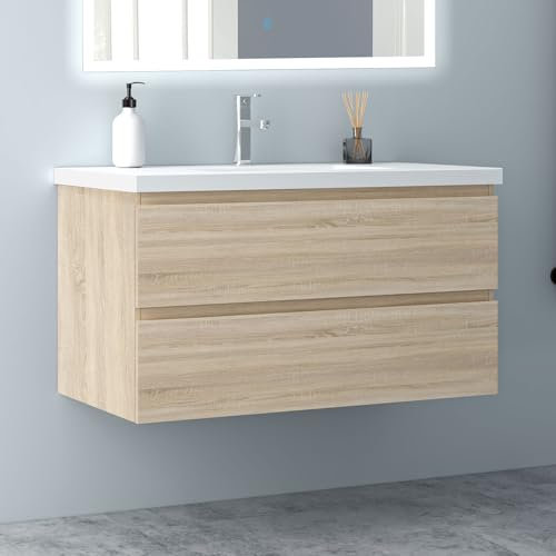 Biubiubath Badezimmermöbel 100cm Mineralguss Waschtisch mit Unterschrank Badmöbel Set Badezimmerschränke mit 2 Soft-Close Schubladen Eiche Matt