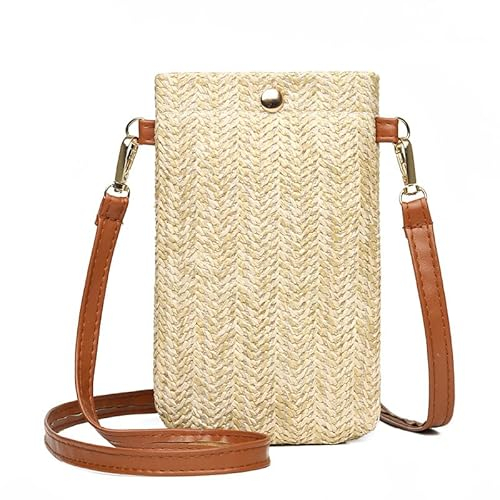 Strohtasche Damen Stroh Handy Umhängetasche Klein Gestrickte Schultertasche Sommertasche Strandhandtasche Böhmische Kleine Geldbörse Handgewebt Strandtasche für Damenreisen Urlaub（Khaki）