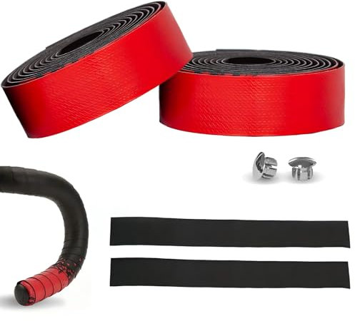 Nastro Bici da Corsa Manubrio 2 Pezzi, Nastri Manubrio per Bicicletta da Corsa MTB con Bike Manubrio Bar End Tappi, PU e Schiuma EVA, Autoadesivo Confortevole Antiscivolo e Traspirante (Rosso)