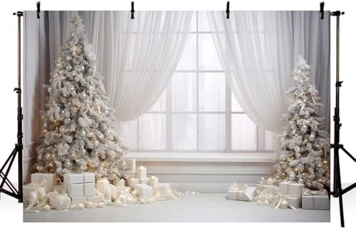 MEHOFOND 7x5ft White Christmas Window Landscape Background Xmas Tree Gift Candle White Curtain Photography Background Merry Christmas Family Party Decoration Wallpaper Banner Photo Studio Supplies