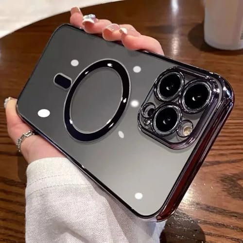 HUUMAGIC Luxury Plating Clear Magnetic Wireless Charge Case For iPhone 15 14 13 12 11 Pro Max X XR XS Soft Cover,Black,For iPhone 11 ProMax