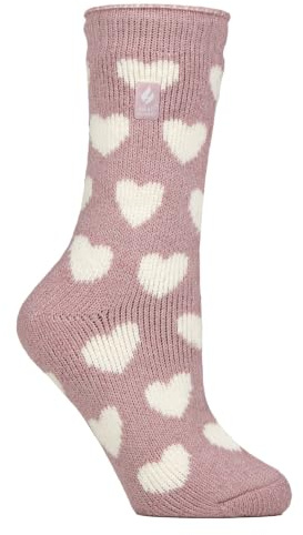 HEAT HOLDERS – Womens Thermal Socks, Thick Fluffy Winter Socks Size 4-7 | Warm Socks for Indoor & Outdoor Wear (UK, Numeric, 4, 7, Regular, Regular, Pink Hearts)
