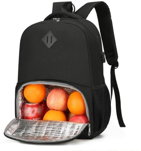 EKsma Zaino for il pranzo Zaino for laptop con porta USB Zaino da lavoro con borsa frigo Borsa for laptop isolata(Black)