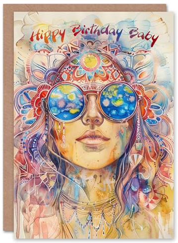Artery8 Hippy Birthday Hippie Woman Mandala Watercolour Blank For Him Or Her Art Birthday Card