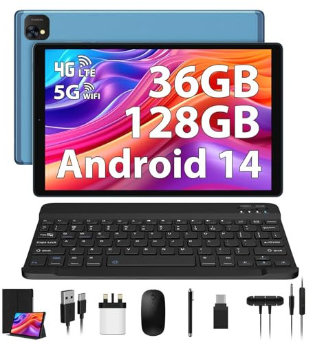 LINROM Tablet 10 Inch 4G lte and 5G WiFi, Android 14.0 Octa-Core 2.0GHz, 36GB RAM, 128GB ROM(1TB Expandable), 1980 * 1200FHD, 13MP+8MP, Tablet with Keyboard etc, GPS/Bluetooth (Blue)