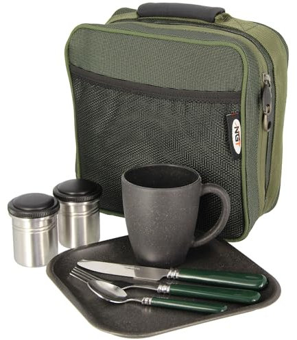 Camping Cutlery Set with Case, Stainless Steel, Plate, Mug, 3pc Utensils, 2 Storage Containers Compact Outdoor Dining Kit for Picnics, Hiking, Solo Adventures and Carp Fishing Sessions