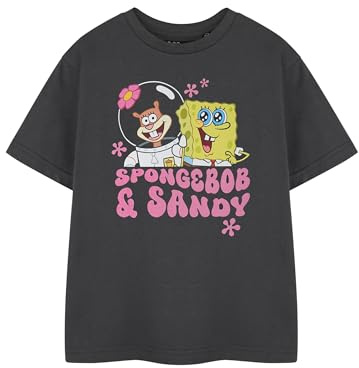 Spongebob Squarepants Girls Grey Short Sleeved T-Shirt | SB & Sandy Graphic Tee for Kids | Cartoon Character Apparel | Nickelodeon Spongebob Movie Merchandise | Children's Retro Fashion Top