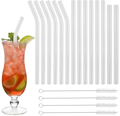 14-teiliges wiederverwendbares Glas-Trinkhalm-Set enthält 2 breite Smoothie-Strohhalme, 6 gebogene Strohhalme und 6 gerade Strohhalme mit 4 Reinigungsbürsten, transparente Trinkhalme für Cocktails