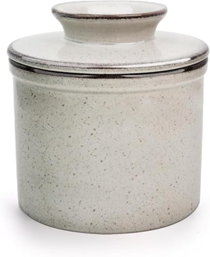 Jersinwei French Butter Dish with Lid, Reactive Glaze Butter Crock with Waterline for Fresh Butter Spreadable, Ceramic Butter Keeper for Countertop Dishwasher Safe -Grey