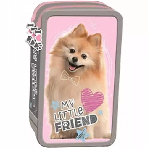 Goldkids - Federmäppchen 3 Fächer - Mäppchen für Mädchen und Jungen - Federmappe 3-Fach Federtasche 44-teilig Gefüllte Schüleretui Schulmäppchen- Hund Motiv