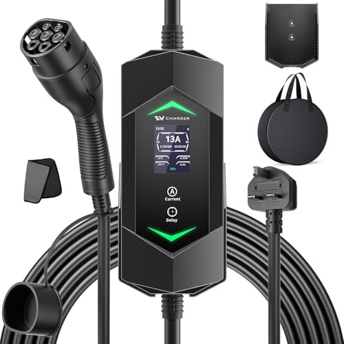 EVJUICION EV Charger Cable Type 2 to 3 Pin Plug, 3kW 6M Electric Car Charger, 6/8/10/13A 3 Pin EV Charger Cable for up to 12H Delayed Start Charging with 2.4″ LED Screen, IP65 Suitable for EVs & PHEVs