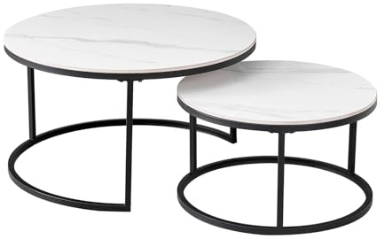 HJhomeheart 2er-Set Marmor-Couchtische mit Weißer Marmorplatte und Schwarzem Metallgestell, Moderner Runder Beistelltisch fürs Wohnzimmer – 80 x 80 x 45 cm