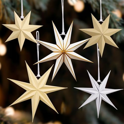 EASY JOY Gold-weiße 3D-Papierstern-Ornamente Set – 5 Stück Hängende Falt-Sterne, 9-Zacken Design, Skandinavisch & Klassisch Stil für Weihnachtsbaum, Feiertage, Party & Home Deko