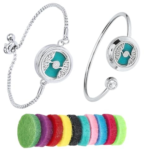 SUNNYCLUE 1 boîte de 2 Ensembles de Bracelets D'Huiles Essentielles Arbre de Vie avec 10 tampons de Recharge Diffuseur D'Aromathérapie Chaîne Réglable en Acier Inoxydable Pendentif Bijoux pour Femmes